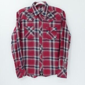 Wrangler Rock 47 Shirt Mens Large Red Plaid Western Pearl‎ Snap Embroidered